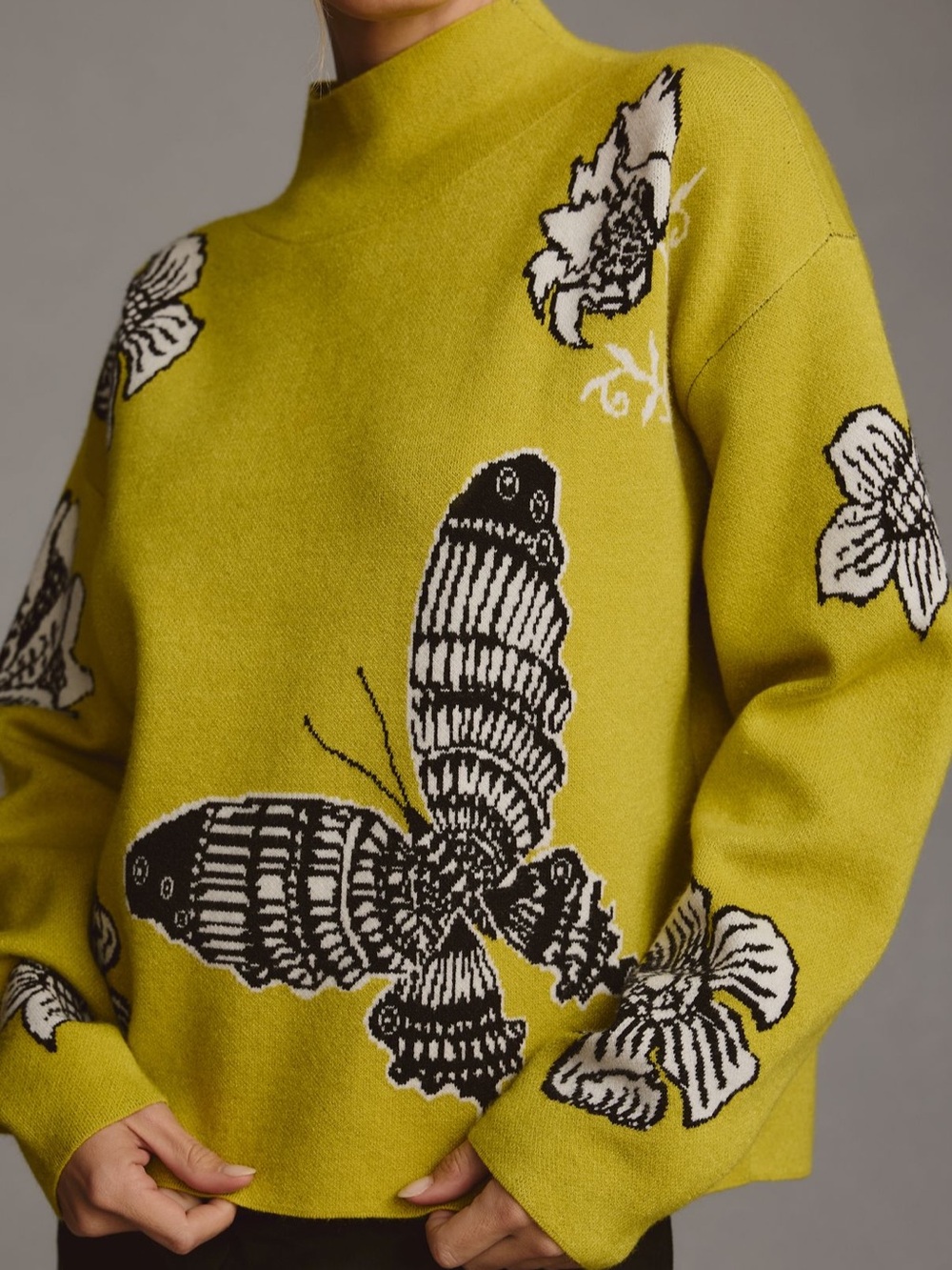 Anthropology Maeve Cary Lime Green Butterfly & Floral Mock-Neck Sweater X- Small